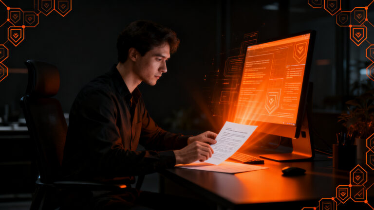 Profesional trabajando en una oficina moderna con LibreOffice, representando la privacidad de datos y la soberanía digital frente a la IA.