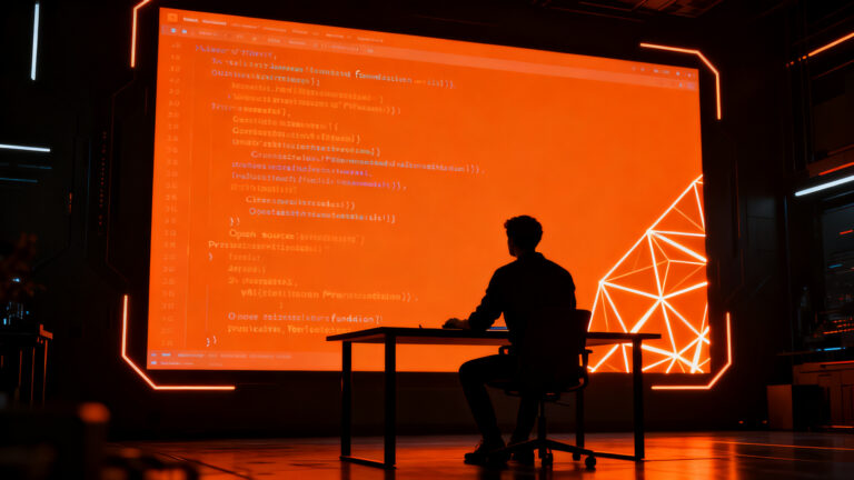 Desarrollador trabajando con software open source, representando la soberanía digital y la privacidad de datos frente a la inteligencia artificial.