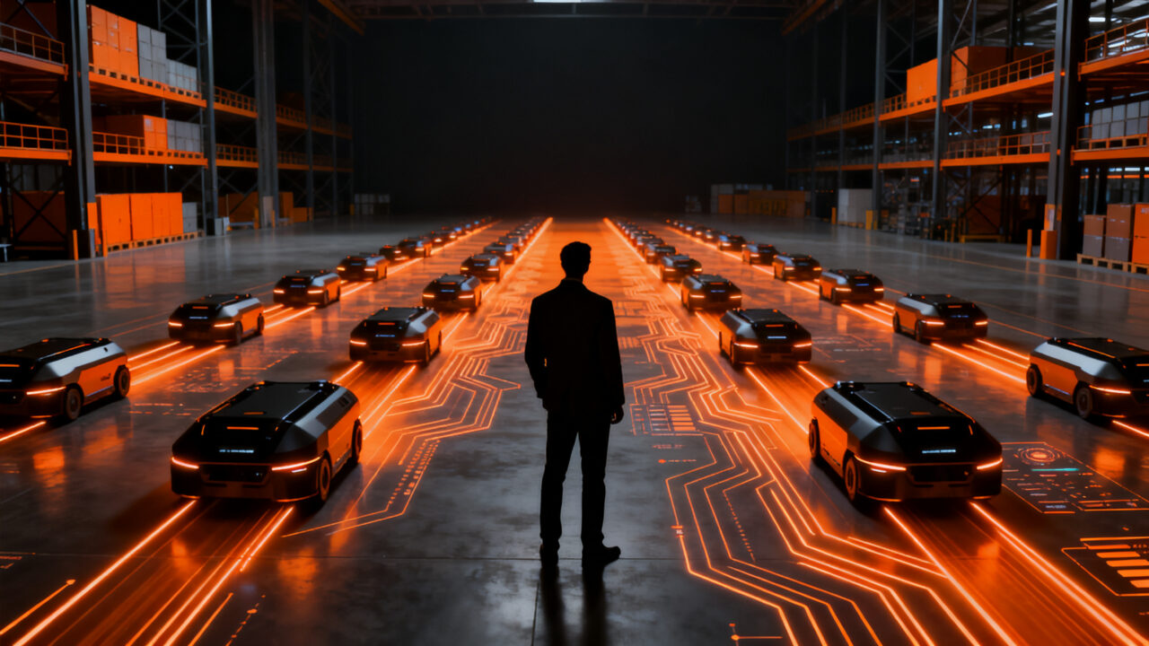Profesional de logística supervisando almacén automatizado con AGVs y tecnología de gestión de flotas en Madrid.