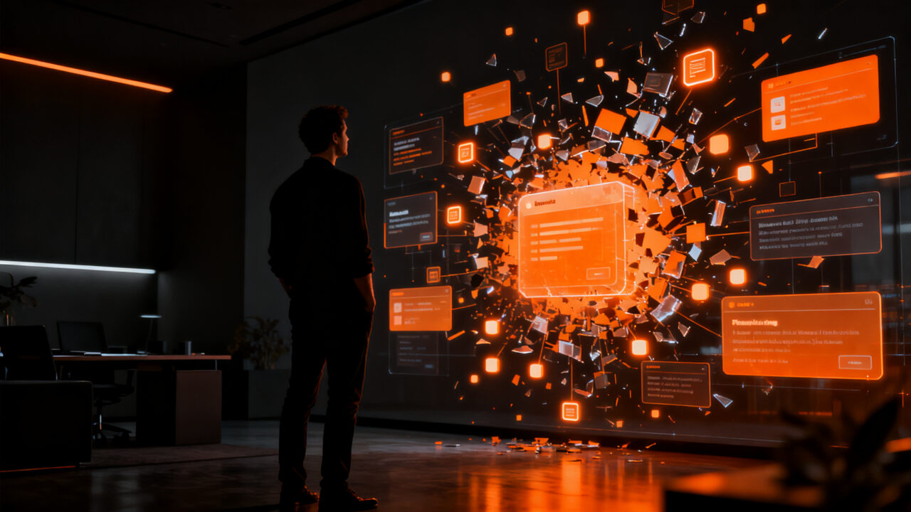 CEO de startup analizando la fragmentación de productos por agentes de IA en un entorno de desarrollo de software estratégico.