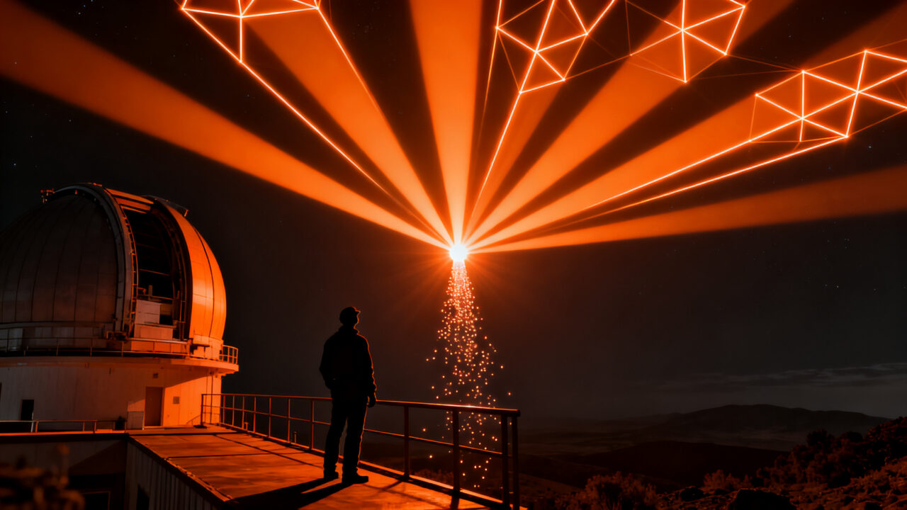 Tecnología de linterna fotónica combinando luz de telescopios en Calar Alto para astrofotónica.