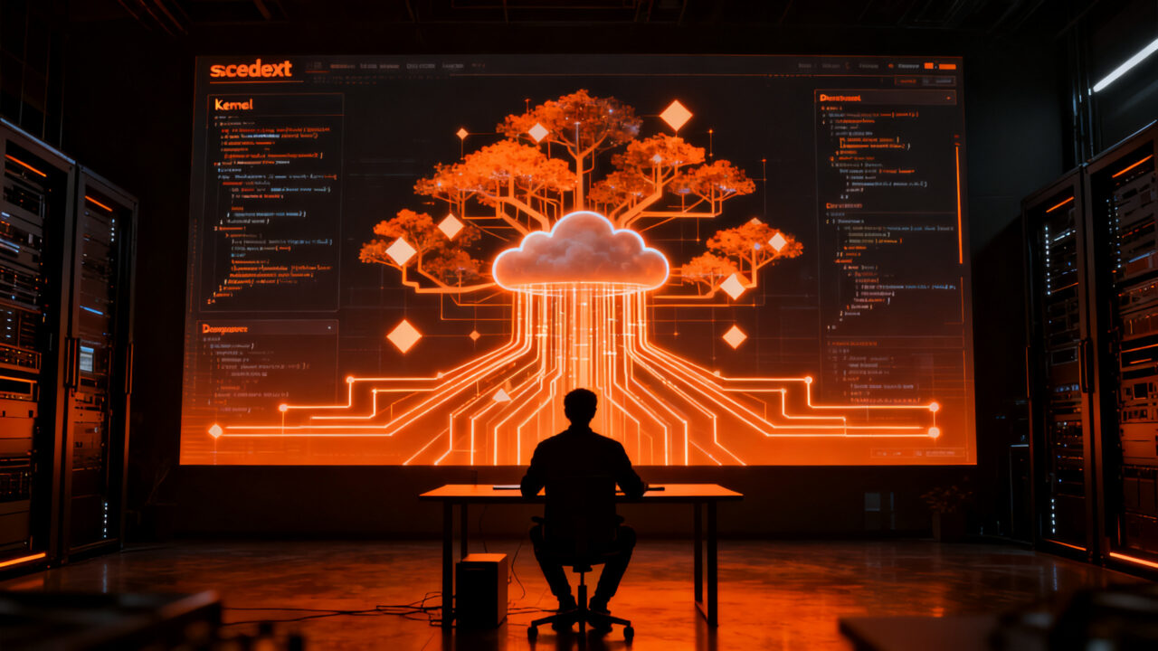 Desarrollador trabajando en el núcleo del kernel Linux 7.3, representando la innovación en infraestructura cloud y sched_ext.