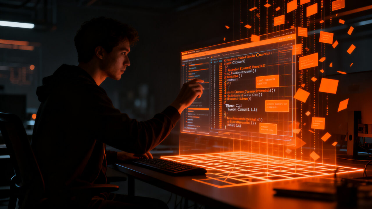 Desarrollador analizando métricas de tokens y llamadas a herramientas en una interfaz de terminal futurista para LLMs.