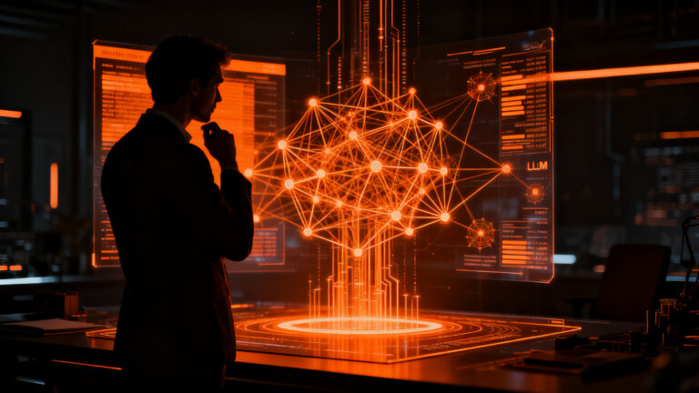 Profesional analizando redes neuronales y datos complejos, representando el uso estratégico y crítico de la IA en startups.
