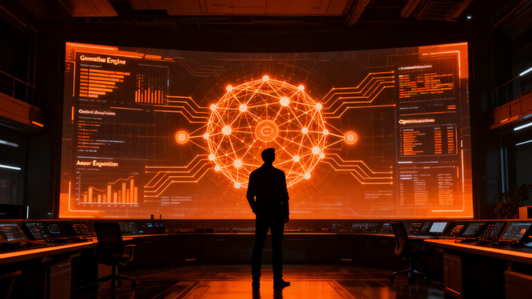 Líder de startup analizando métricas de visibilidad de marca en modelos de inteligencia artificial como ChatGPT y Gemini.
