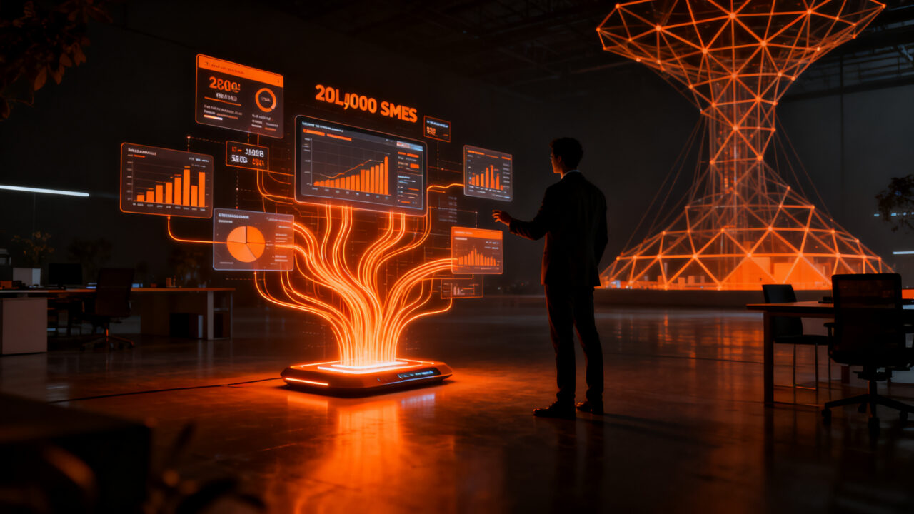 Empresario analizando datos financieros mediante un ERP con inteligencia artificial nativa en un ecosistema digital.