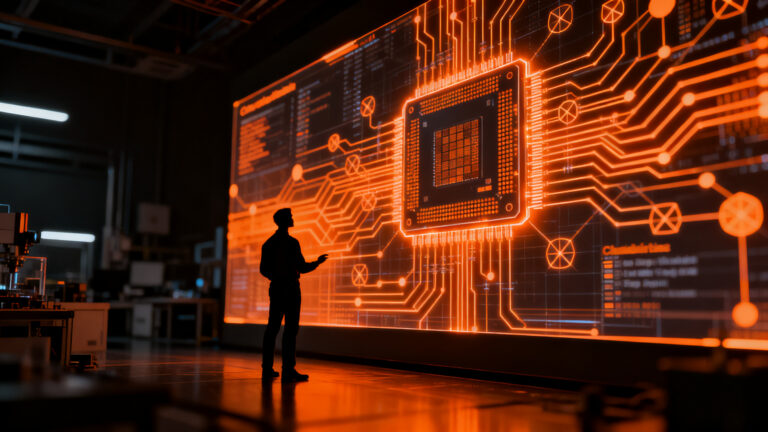 Ingeniero trabajando en una infraestructura de IA edge computing para chips semiconductores, optimizando modelos de deep learning.