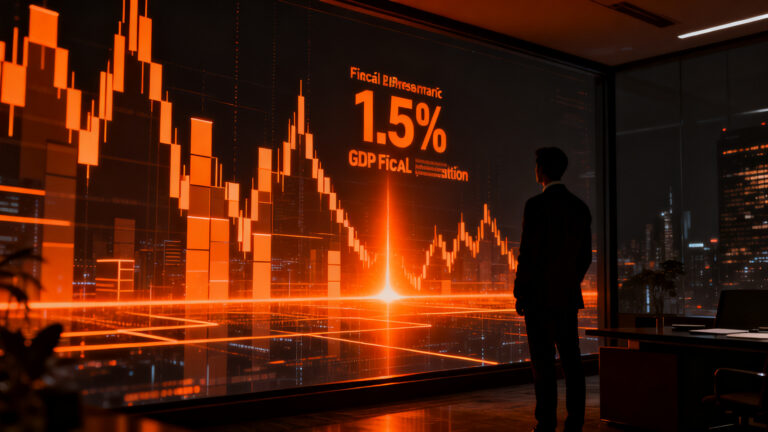 Analista financiero observando gráficos macroeconómicos de Brasil en un entorno oscuro y tenso, representando el ajuste fiscal y el impacto en el mercado.