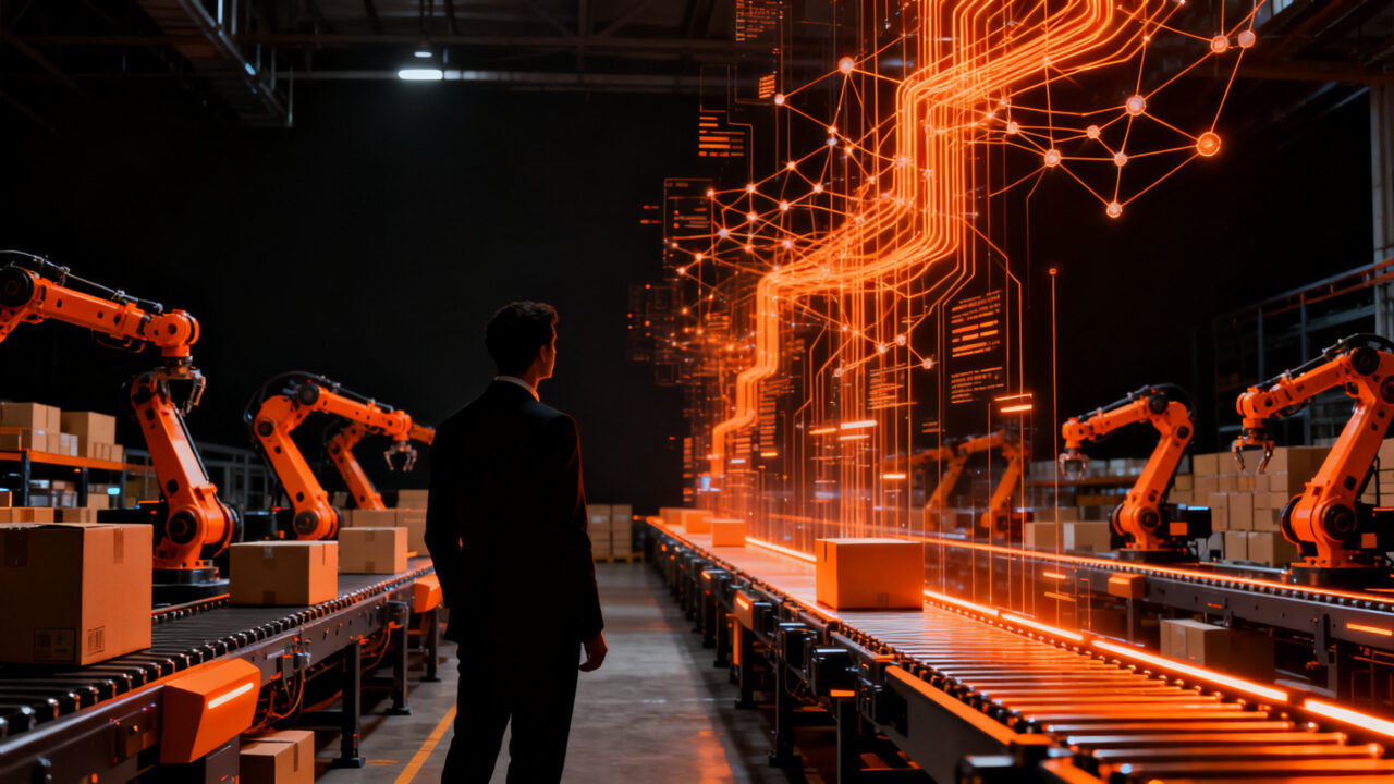 Expertos en logística e IA analizando el futuro del packaging y la automatización en un entorno industrial tecnológico.