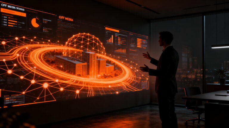 Estratega de marketing digital analizando métricas 360 y datos de inteligencia artificial en entorno corporativo.