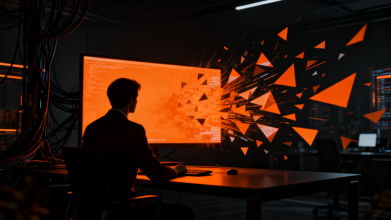 Ciberseguridad y riesgos de malvertising: una silueta humana frente a una pantalla infectada representando la amenaza de malware falso de Claude.