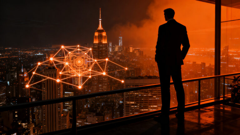 Alcalde de Nueva York desafiando la regulación de la IA frente a gigantes tecnológicos, simbolizando el control ético de la inteligencia artificial.