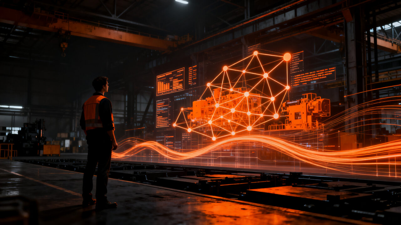 Un ingeniero industrial visualizando datos de mantenimiento predictivo en una fábrica digitalizada, superando la gestión manual.