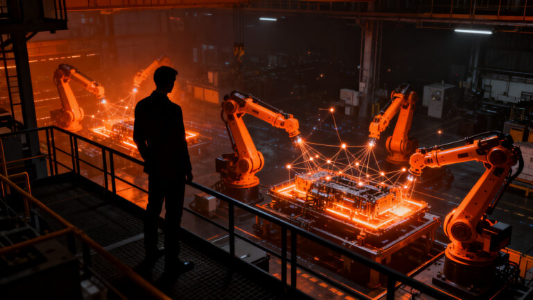 Adopción de inteligencia artificial en la manufactura mexicana, mostrando el desafío de la automatización industrial y la cadena de suministro B2B.