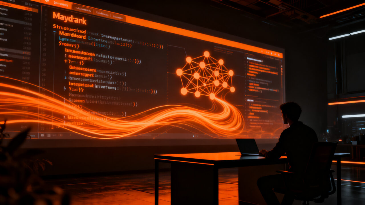 Programador trabajando con archivos Markdown y herramientas de IA, concepto de interoperabilidad de datos y futuro tecnológico.