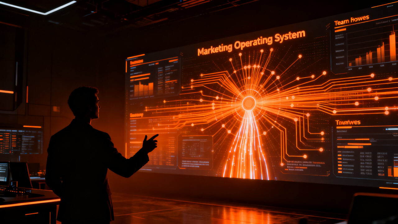 Profesional analizando datos en un Marketing Operating System, representando la eficiencia operativa y la integración de equipos en startups.