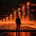 Líder de agencia de marketing analizando métricas de crecimiento y escalabilidad digital en un entorno futurista.
