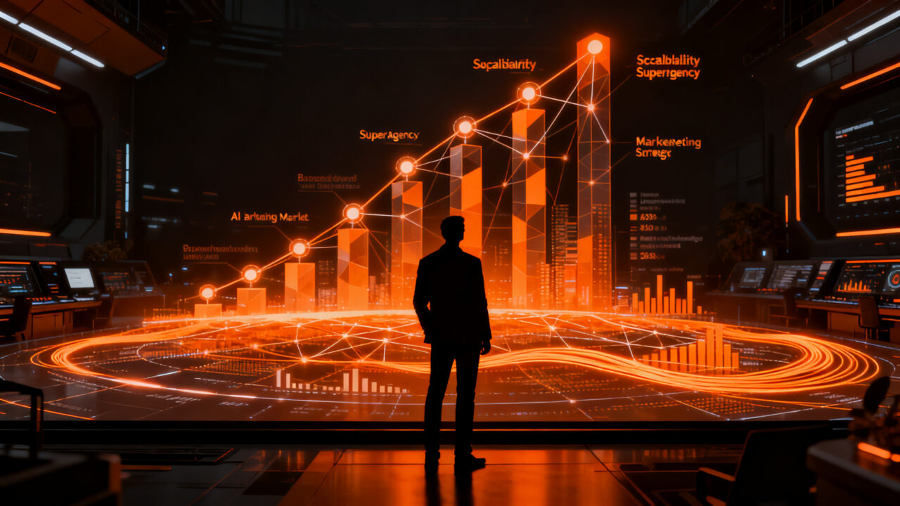 Líder de agencia de marketing analizando métricas de crecimiento y escalabilidad digital en un entorno futurista.