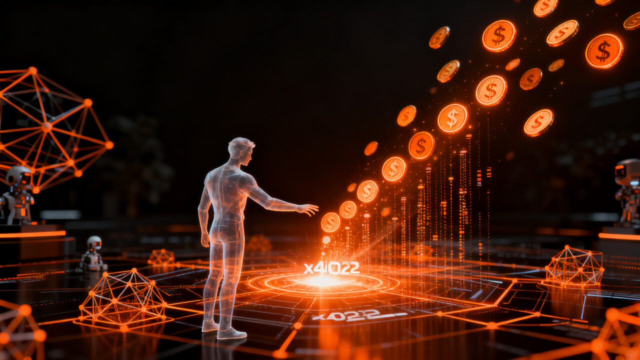Agente de inteligencia artificial realizando un pago autónomo con blockchain y stablecoins en un entorno digital futurista.