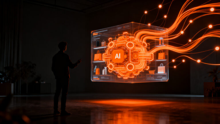 Consumidor europeo utilizando agentes de inteligencia artificial para realizar compras online, representando la tendencia del comercio agéntico para 2030.