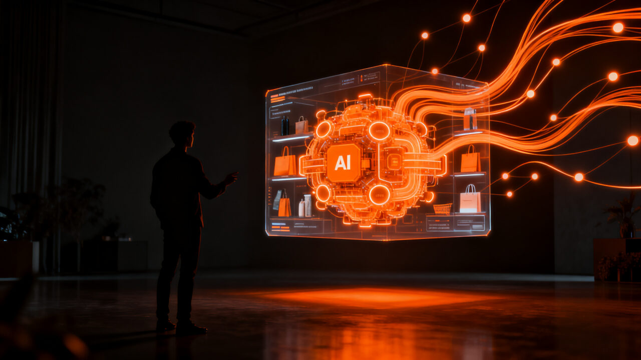 Consumidor europeo utilizando agentes de inteligencia artificial para realizar compras online, representando la tendencia del comercio agéntico para 2030.