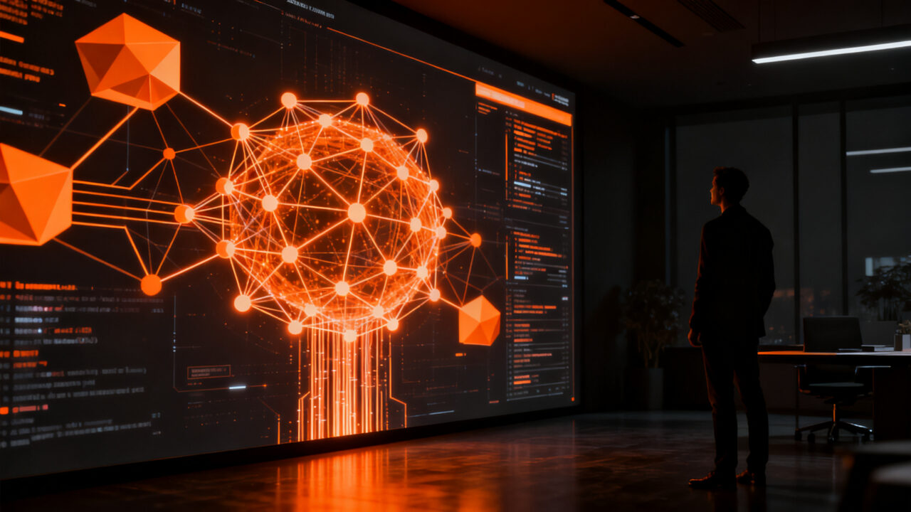 Empresario frente a una interfaz de IA que genera código, representando la transformación digital y el desarrollo de software autónomo.