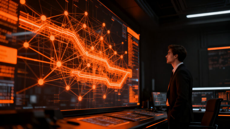 Empresario analizando una red compleja de datos y automatización para la implementación de inteligencia artificial en la empresa.