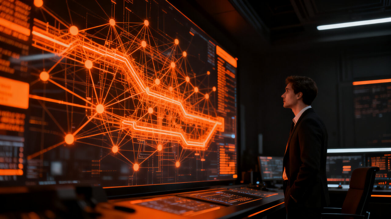 Empresario analizando una red compleja de datos y automatización para la implementación de inteligencia artificial en la empresa.