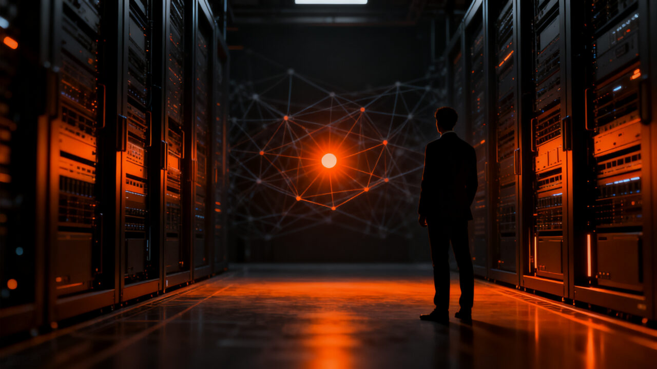 Empresario analizando métricas de IA y ROI en un entorno de datos complejo, representando el desafío de la adopción tecnológica.