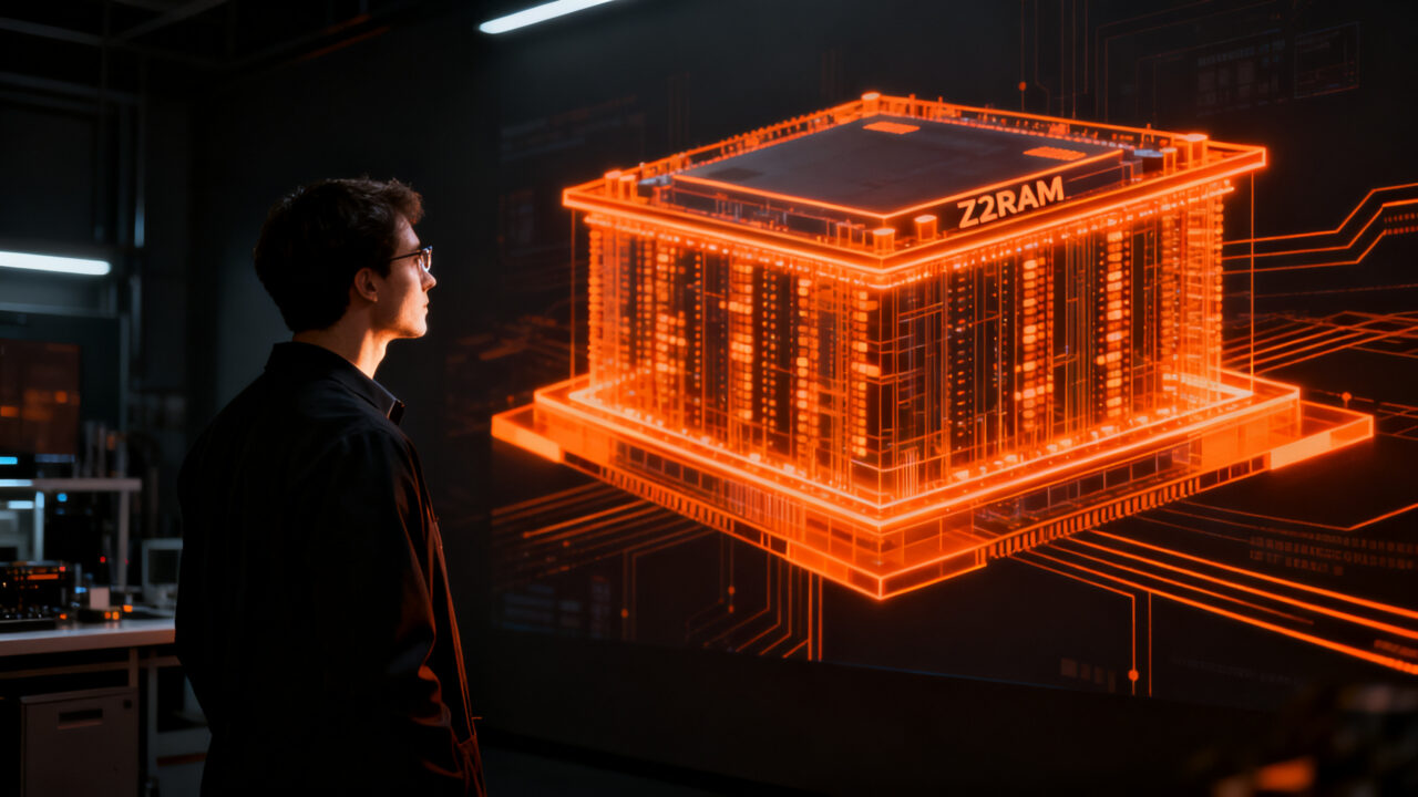 Investigador analizando arquitectura de memoria Z2RAM de Nagare Labs, tecnología de semiconductores para IA respaldada por Pat Gelsinger.