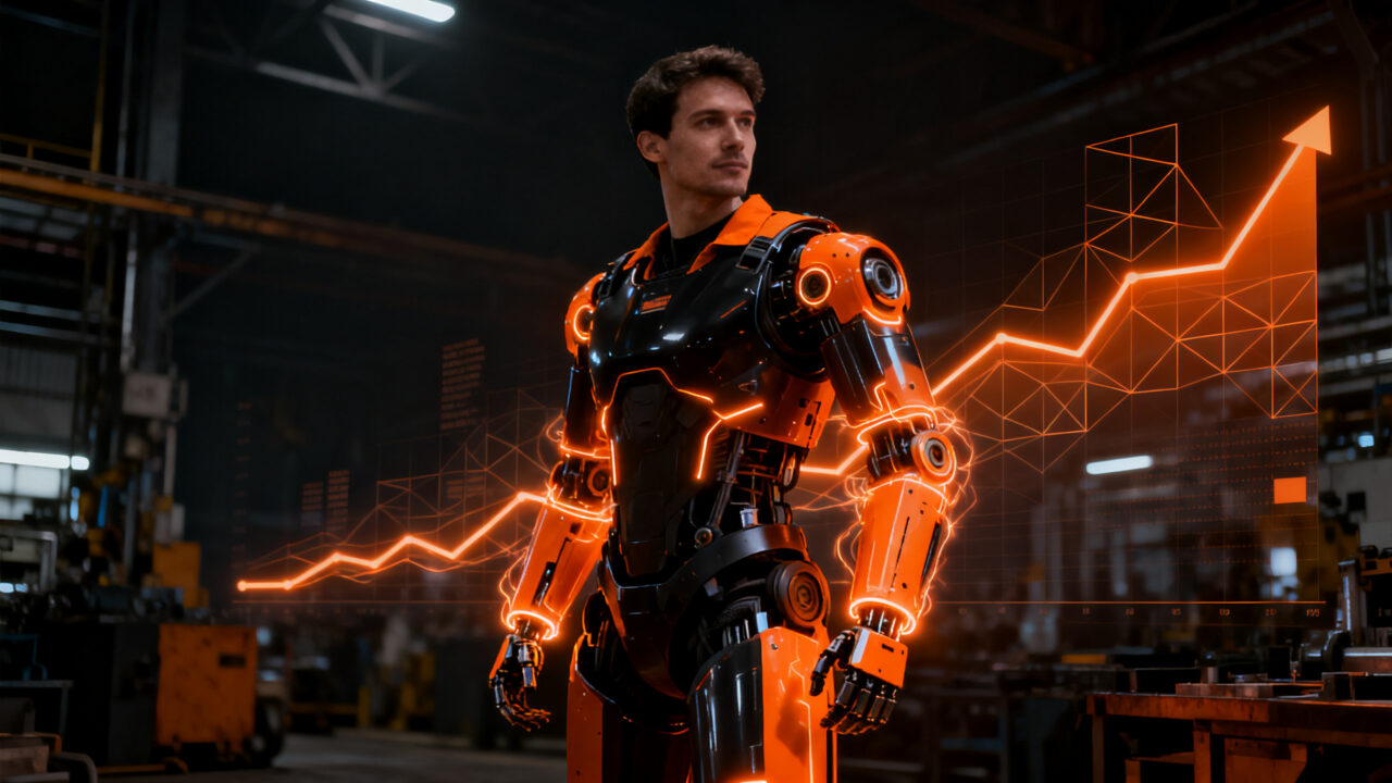 Un profesional con un exoesqueleto robótico avanzado trabajando en un entorno industrial, simbolizando la evolución del mercado de robótica wearable.