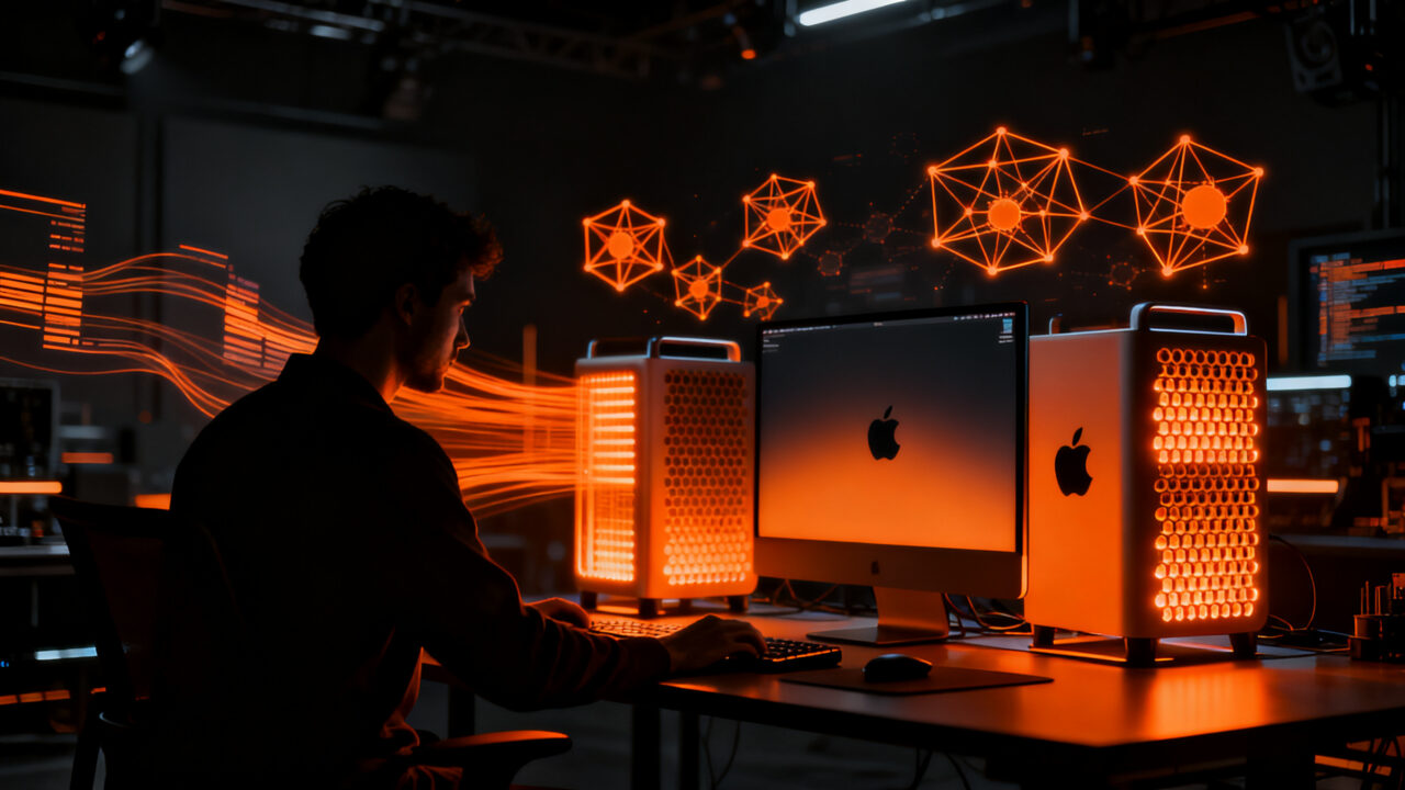 Ingeniero trabajando con Meta Muse Spark Open en hardware de Apple Mac Studio, representando IA local de alto rendimiento.