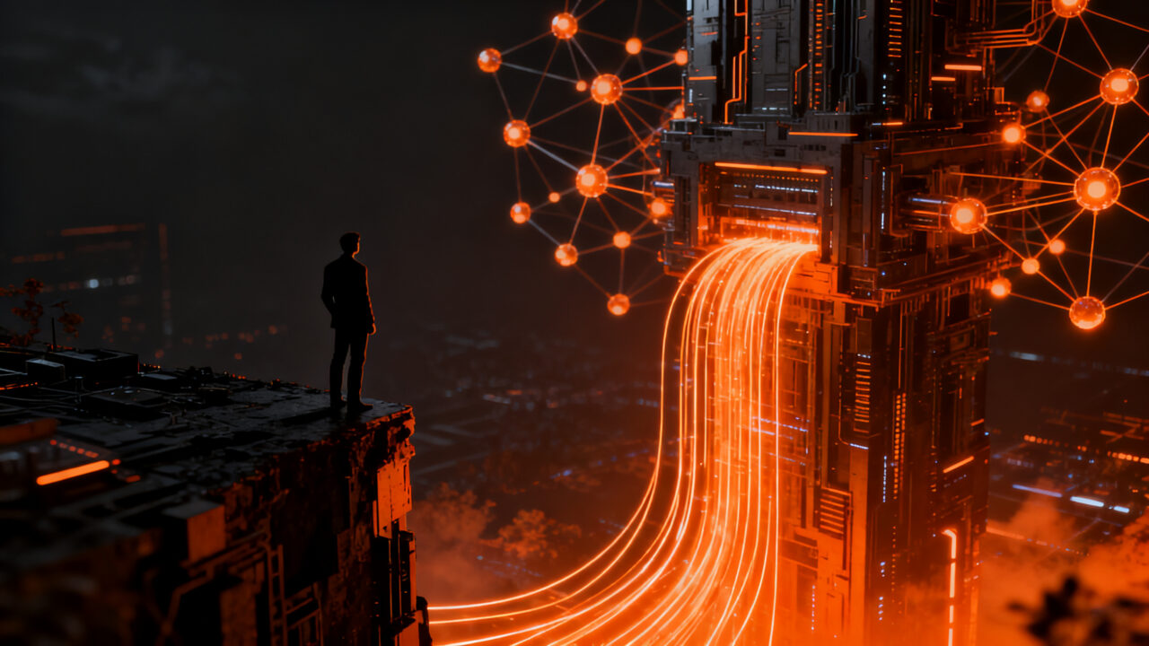 Un emprendedor observando una red masiva de infraestructura de IA, representando los retos de financiación y el futuro de la tecnología.