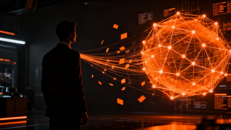 Representación visual de la privacidad de datos y agentes de IA, con una silueta humana analizada por redes neuronales digitales en tonos naranja y negro.