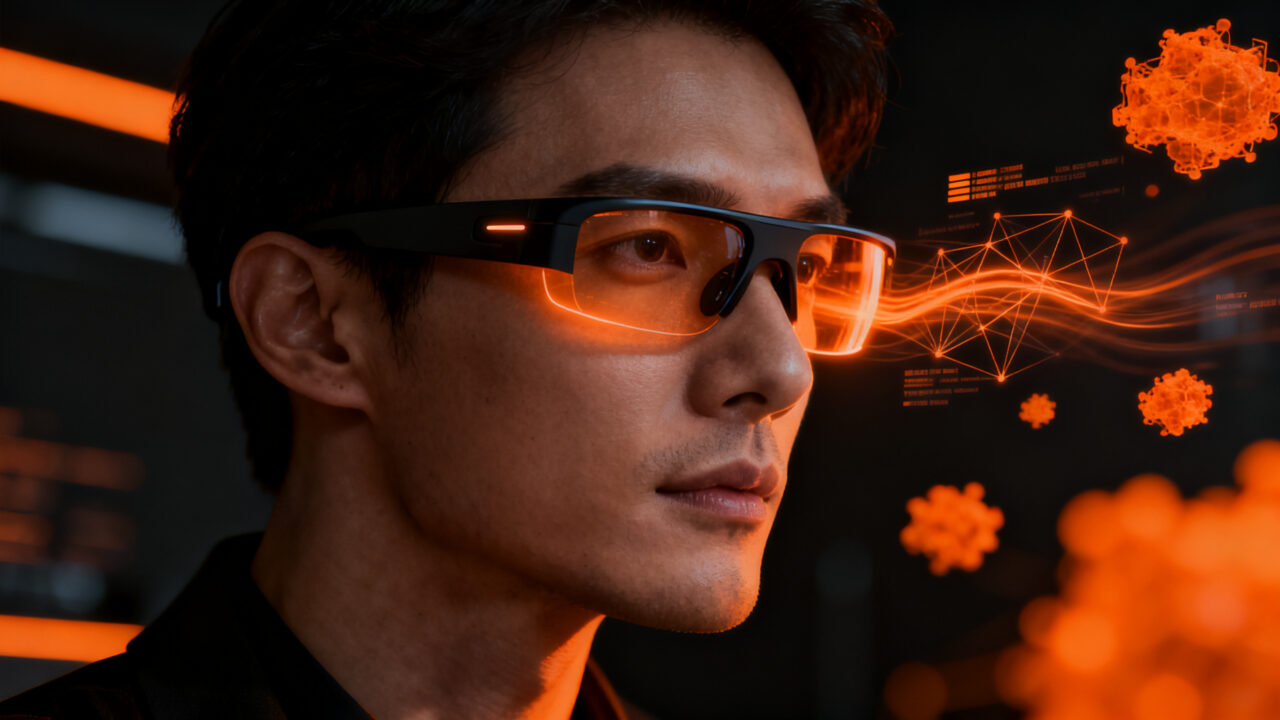 Un emprendedor interactuando con lentes inteligentes de IA, representando la integración de la inteligencia artificial en el mercado de dispositivos wearable.