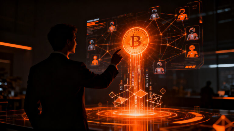 Agente de IA facilitando una transacción comercial en una interfaz digital, concepto de automatización transaccional en startups.