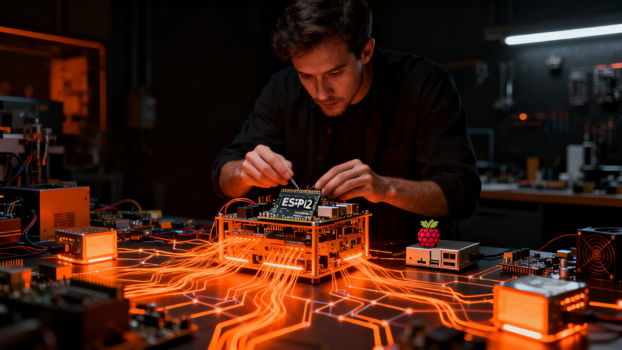 Desarrollador trabajando con hardware de IA y Meta Muse para crear dispositivos inteligentes basados en ESP32 y Raspberry Pi.