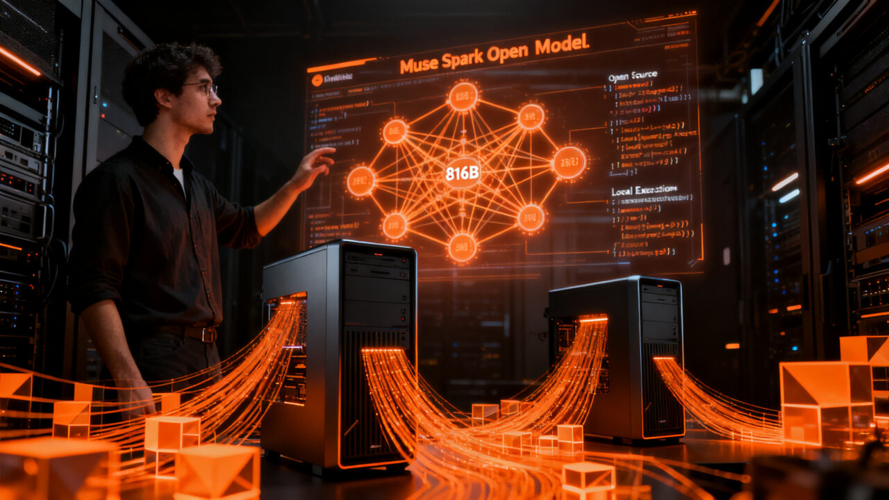 Profesional de tecnología trabajando con IA avanzada Muse Spark Open en infraestructura local, representando la democratización de modelos abiertos de gran escala.