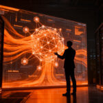 Representación visual de agentes autónomos de IA tipo Meta Muse Wonder interactuando con redes neuronales complejas en un entorno futurista.