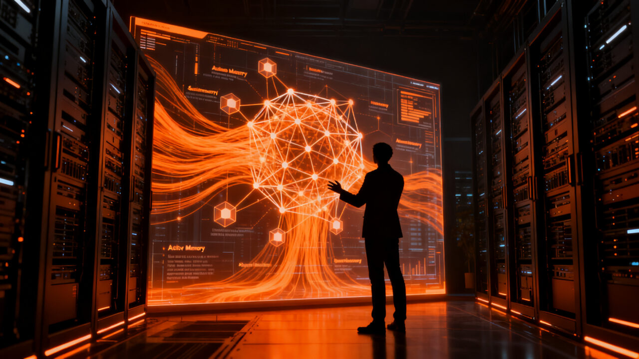 Representación visual de agentes autónomos de IA tipo Meta Muse Wonder interactuando con redes neuronales complejas en un entorno futurista.