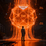 Representación conceptual de la inteligencia artificial Meta Muse Wonder, mostrando un cerebro digital en un entorno tecnológico naranja y negro.