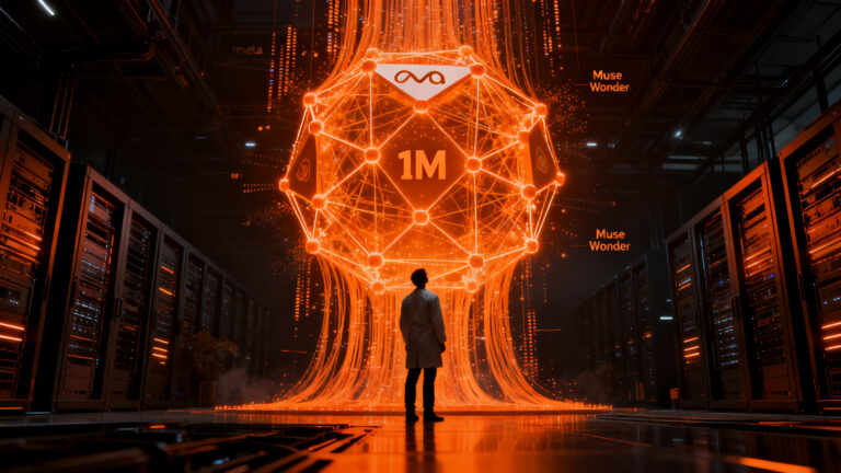 Representación conceptual de la inteligencia artificial Meta Muse Wonder, mostrando un cerebro digital en un entorno tecnológico naranja y negro.