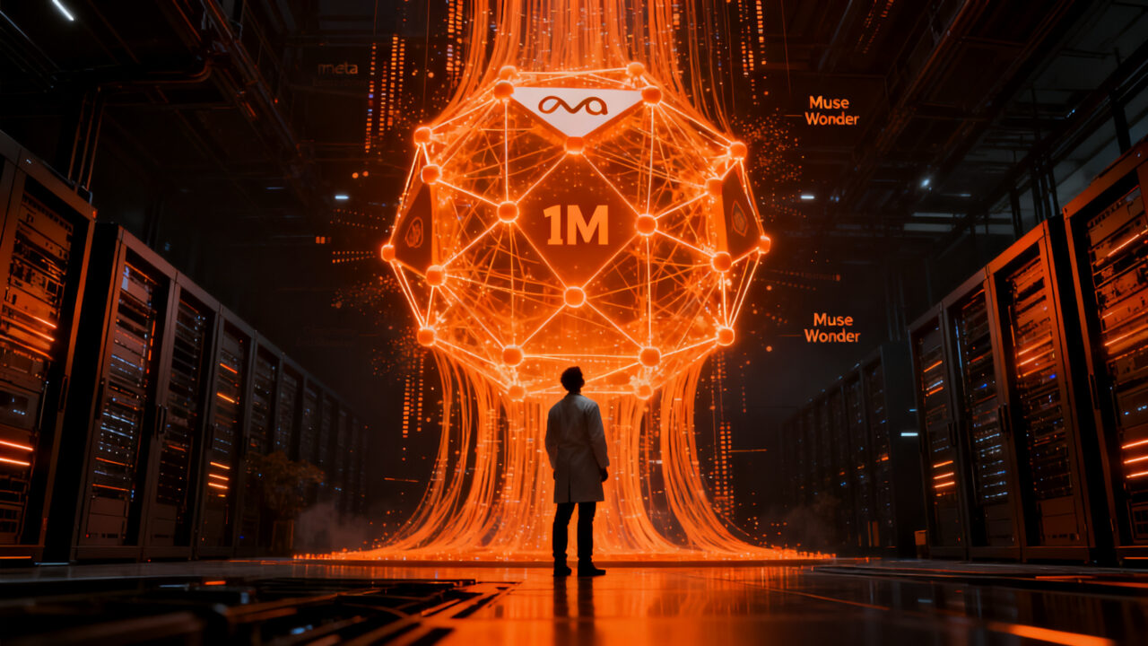 Representación conceptual de la inteligencia artificial Meta Muse Wonder, mostrando un cerebro digital en un entorno tecnológico naranja y negro.