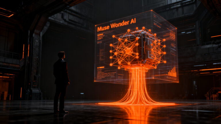 Representación visual de agentes de IA de Meta Muse Wonder interactuando con redes neuronales y datos para startups.