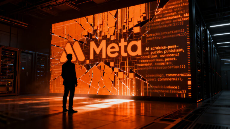 Representación visual de la tensión entre Meta y editores por el uso de IA y datos, con un enfoque en la regulación y los términos comerciales.