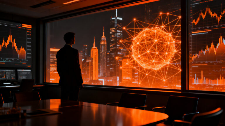 Inversores analizando el retorno de inversión en inteligencia artificial frente a los gráficos de Wall Street.