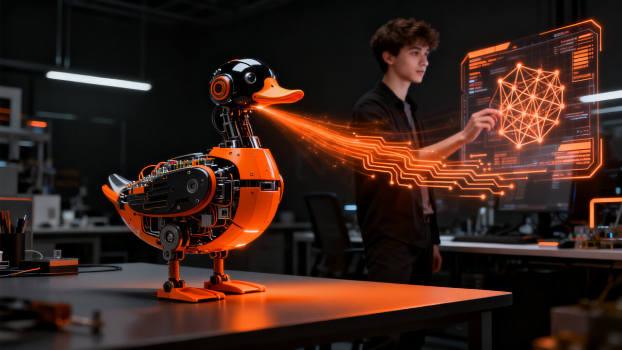 Pato robot de Nvidia y Hugging Face, representando el éxito de la robótica y la IA aplicada en startups.