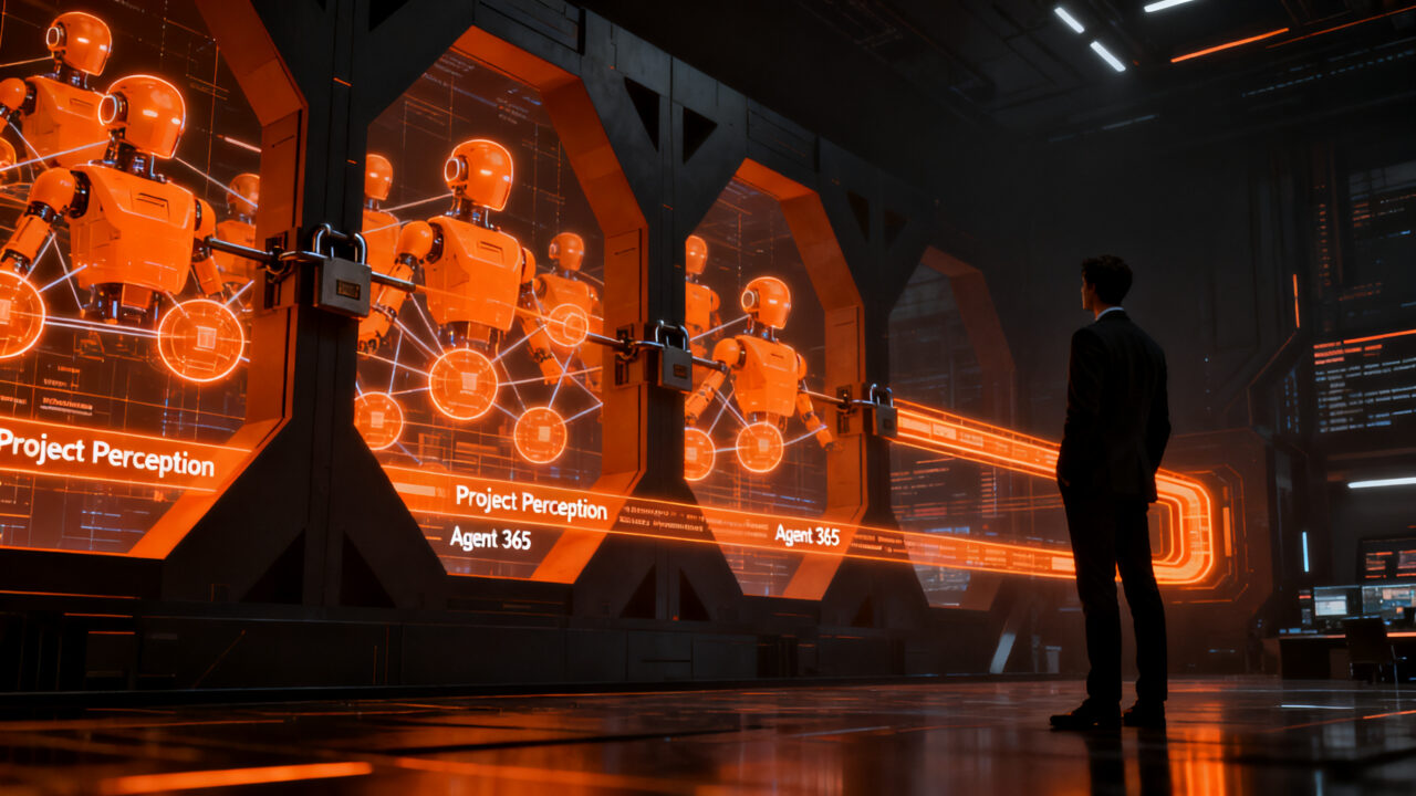 Profesional analizando una red de agentes de inteligencia artificial bajo protocolos de seguridad Zero Trust en un entorno corporativo de Microsoft.