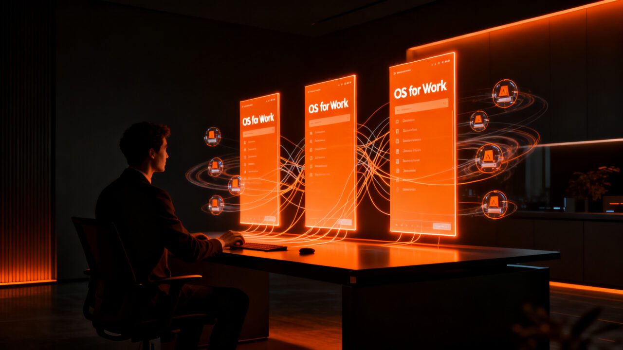 Concepto visual del nuevo Microsoft Copilot como sistema operativo de trabajo, mostrando integración de IA y agentes inteligentes en un entorno empresarial.