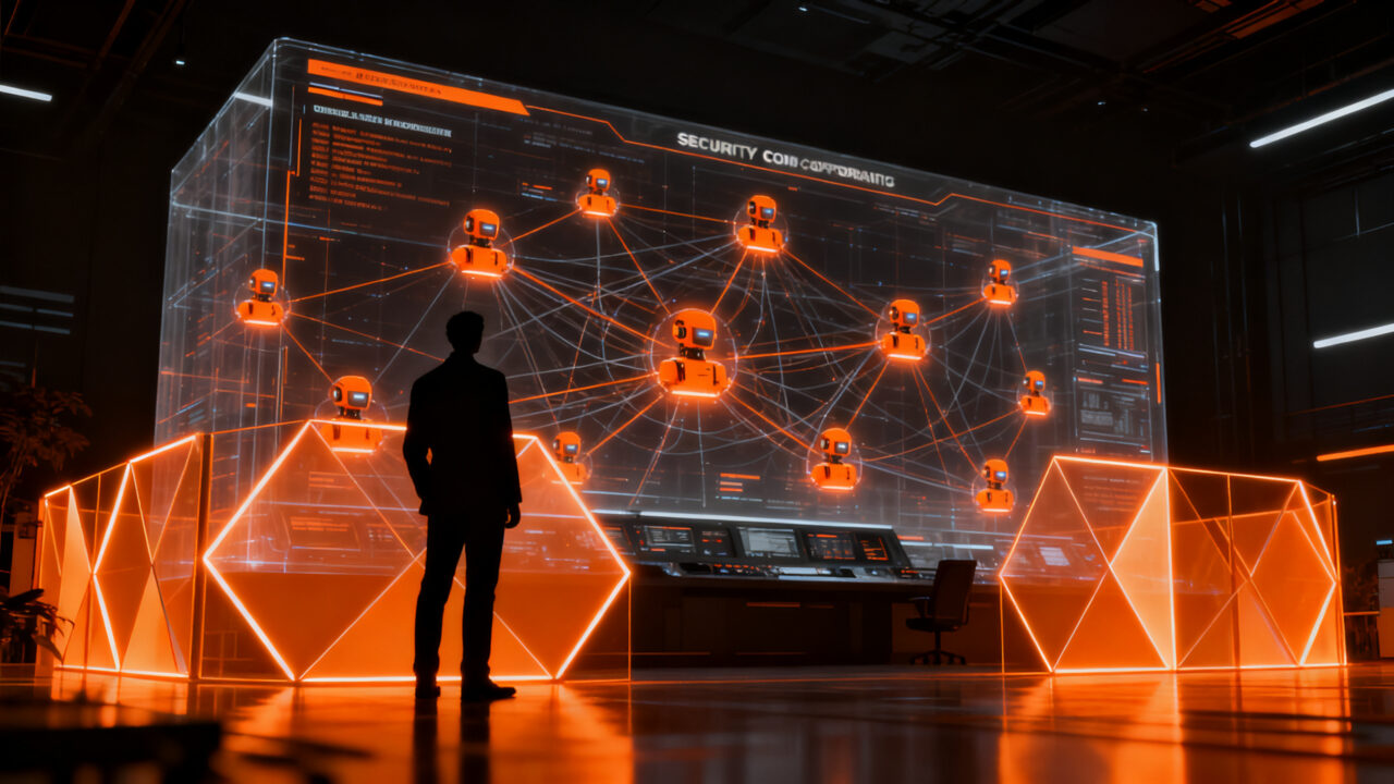 Agentes guardianes de Microsoft monitoreando sistemas de inteligencia artificial autónoma para garantizar la seguridad empresarial.